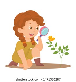 Girl observes with her magnifying glass a small butterfly