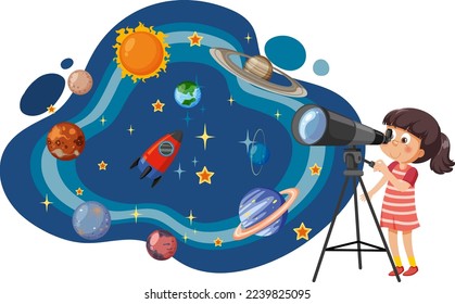 Girl observing planets with telescope illustration