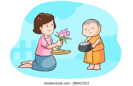 girl offering food to neophyte vector illustration