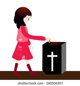 Girl offering -Offertory box in church-Vector illustration