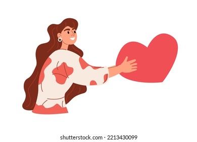 The girl offers or gives her heart. The girl gives something. Transfer of the most expensive. Love. Gives his heart. Flat graphic vector illustration isolated on white