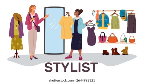 Menina oferece serviços de estilista pessoal para outra mulher. Comprador profissional na loja. Mulher tentando roupas com especialista. Consultora de moda. Armário na moda