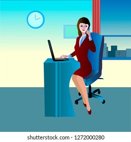 Girl in the office.The girl answers the customer's call.The illustration also shows the interior of the office.There is a computer on the table, a clock and a photo are hanging on the wall.Vector.