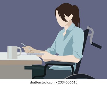 Girl in office clothes in a wheelchair making notes for work