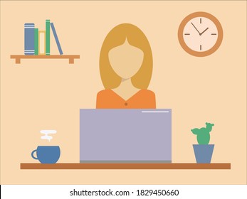 Girl in office. Computer work. Flat vector illustration.