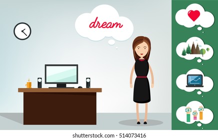Girl in office dreaming. Vector flat illustration.  Woman dreaming about  holidays, love, money, exchange rate, business.  Dreams about love. Hope. Family.