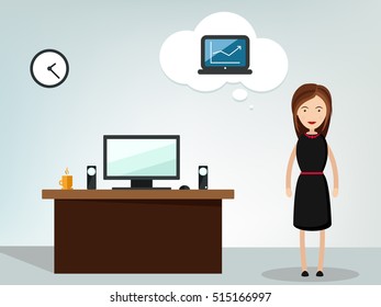 Girl in office dreaming. Vector flat illustration.  Woman dreaming about  money, exchange rate, business. Hope. 