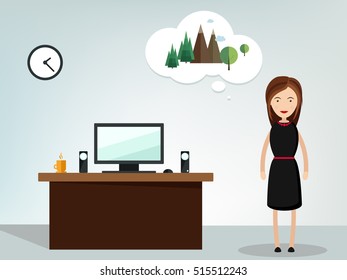 Girl in office dreaming. Vector flat illustration.  Woman dreaming about  Hiking in the mountains, tourism, sports tourism, climbing, mountains  holidays, . Hope. 
