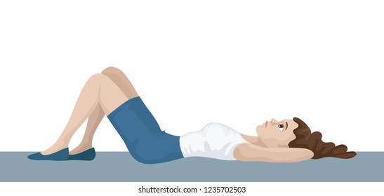 The girl is an office employee, lying on the floor, dreaming, looking up, resting or thinking about work, emotions and frustration. Vector character on a white background.
