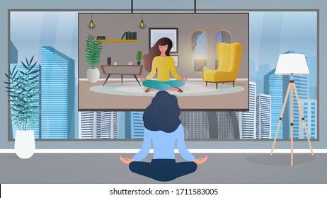 The girl in the office is engaged in meditation. Girl watching yoga lesson on tv. Vector.