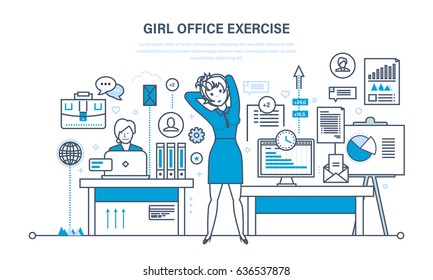 Girl office exercise. Girls in the office do exercises, in different positions and poses, for rest and recovery. Illustration thin line design of vector doodles, infographics elements.