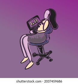 Niña en la oficina con su ilustración vectorial de computadora