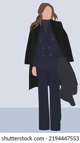 Girl In An Office Outfit In Cold Weather On The Street. Vector Flat Image Of A Girl In A Coat, A Suit With Pants, A Scarf And Shoes. Design For Postcards, Avatars, Posters, Backgrounds, Templates.