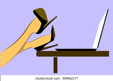 The girl in the office is resting in the computer. Pause in the work. Vector illustration