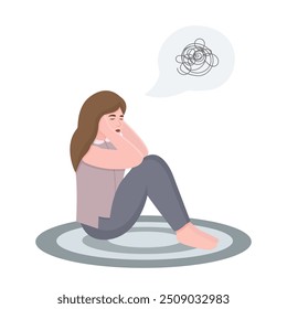 A girl in a psychologist’s office sits on the floor and holds her head with her hands. Mental health concept. Vector flat illustration.