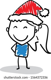 Girl office worker in a happy new year hat - preparing to celebration merry christmas - Girl hand drawn doodle line art cartoon design character - isolated vector illustration outline of woman.
