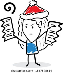 Girl office worker manager with new year hat angry with a contract.  Sad girl hand drawn doodle line art cartoon design character - isolated vector illustration outline of woman