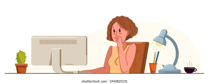 Girl office worker pensive concentrated on her work vector flat illustration isolated, serious attentive worker seriously thinking on a project, comfortable workplace.