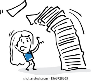 Girl office worker with a pile of papers. Tired and scared, a lot of work. Doodle style vector illustration object isolated hand draw. Line art cartoon design character