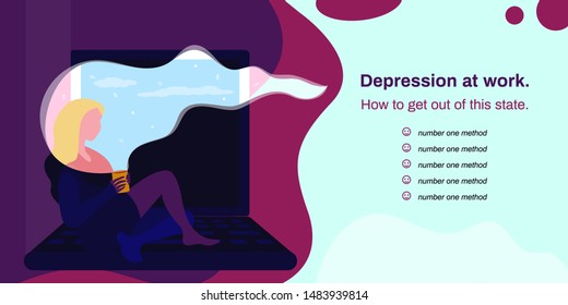 Girl office worker sitting at a laptop. The concept of depression among workaholics, among office workers, seasonal depression. How to overcome depression. Vector illustration, EPS 10.