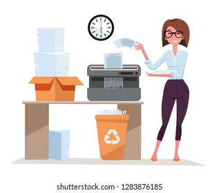 Girl office worker works with Shredder, terminates a pack of documents. Compact shredder stands on the table with a box of stacked sheets of paper. Flat cartoon vector illustration on white background