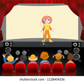 Girl oh the theater stage with concert microphone