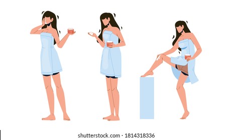 Girl Ointment Package And Massaging Leg Set Vector. Young Woman Holding Ointment Container, Cream On Hand And Body Applying. Character Beauty Cosmetics Treatment Flat Cartoon Illustrations