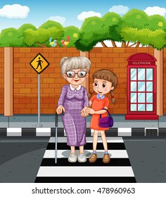 Girl and old lady crossing the road illustration