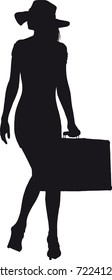 girl with an old suitcase in a short dress and hat where she goes