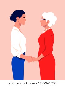 Girl and an old woman holding hands. Grandmother and adult granddaughter are standing in profile. A family. Women's community. Vector flat illustration