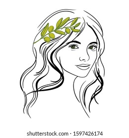 Girl in an olive wreath. Portrait of a young woman in an green olive branch. Template. Close-up. Clip art. Hand Painting. Ink. Line art, black and white. Vector