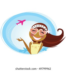 Girl on the airport traveling on vacation. Tourist girl on airport terminal. Landing airplane silhouette in background. Vector Illustration.