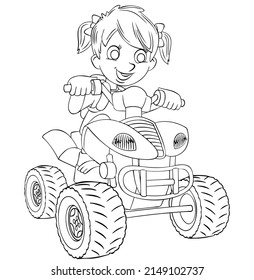 Girl On Atv. Element For Coloring Page. Cartoon Style.
