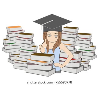 girl on the background of books. concept of education. vector illustration.