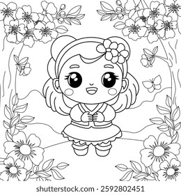 Girl on the background of flowers and sakura blossoms. Coloring for children's development. Vector illustration.