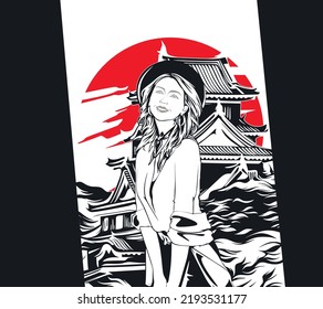 girl on the background of the Japanese rising sun and