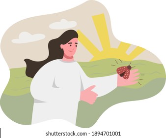 girl on the background of a landscape of nature with the sun and a field holding a ladybug in the palm of her hand, a ladybug takes off from her hand, cute vector flat illustration