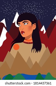Girl on the background of the night landscape of mountains and lake