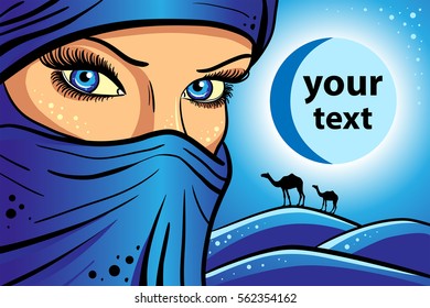 girl on a background of sand dunes, deserts and camels at night