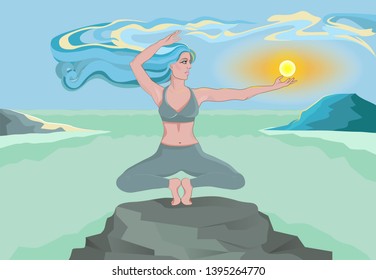 The girl on the background of the sea landscape in a yoga pose. The wind blows her hair and it seems as if they are turning into clouds. Vector illustration