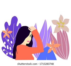Girl on a background of tropical leaves in a flat style in vector graphics. For the design of postcards, posters, prints for phone cases, notebooks, mugs and fashion illustrations.