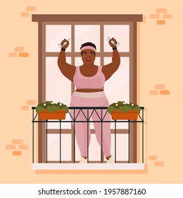 Girl on balcony training with dumbbells, spending time at coronavirus quarantine. Vector illustration.
