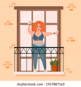 Girl on balcony training with dumbbells, spending time at coronavirus quarantine. Vector illustration.