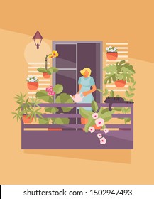 Girl On The Balcony Watering Flowers. Home Garden On The Loggia. Vector Illustration