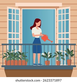 Girl on the balcony watering indoor flowers from a watering can. Home atmosphere and growing plants at home. Vector illustration