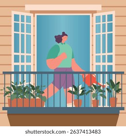 Girl on the balcony watering indoor flowers from a watering can. Home atmosphere and growing plants at home. Vector illustration.