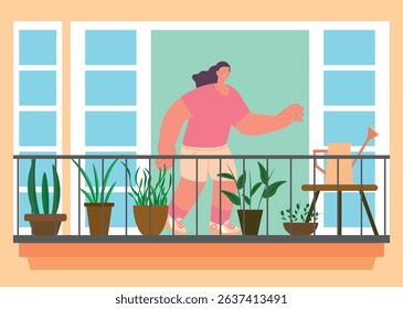 Girl on the balcony watering indoor flowers from a watering can. Home atmosphere and growing plants at home. Vector illustration.