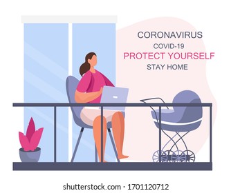 Girl on Balcony.Stay Home Work Home.Protect Yourself.Keeping Distance for Decrease Infection Risk For Prevent Virus Covid-19.Stay Home on Quarantine During Coronavirus Epidemic.Vector Illustration