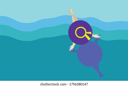 Girl on the Beach from above. Vector summer illustration
