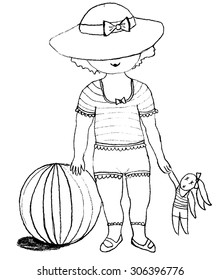 Girl on the beach with ball and toys
